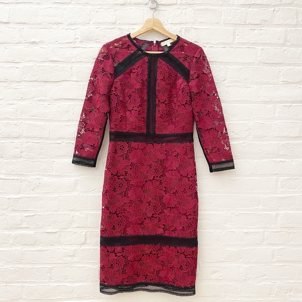 Etcetera || Enchanted Dress Lace‎ Midi Structured Sheath Pencil Burgundy Black 4